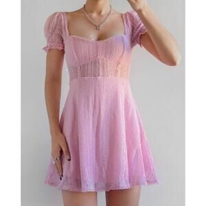 Urban Outfitters Baby Doll Mini Dress Pink Lace Sheer Coquette Milkmaid Medium